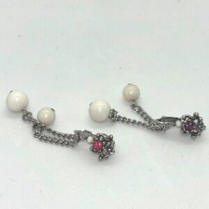Vintage Earrings Silver Tone Red Rhinestone White Beads Clip On Signed Celebrity